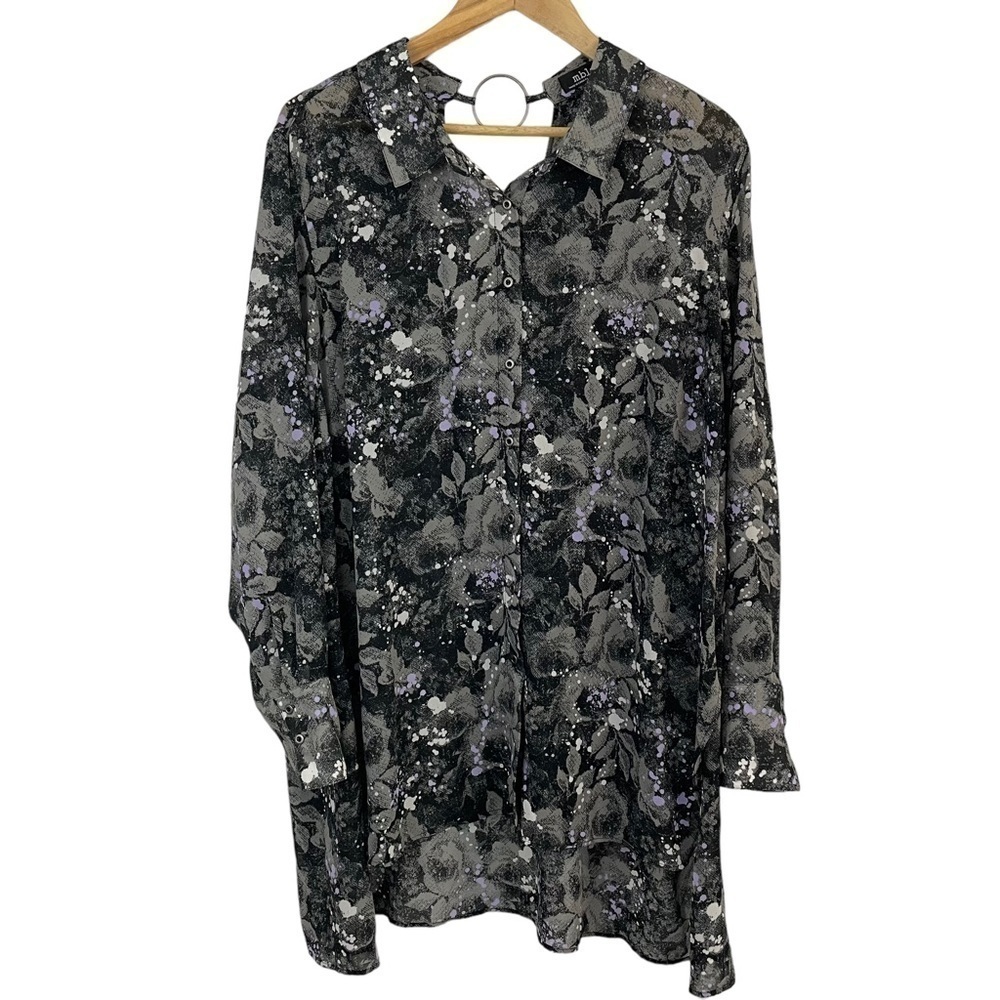 MBLM Longline Tunic Blouse Women’s 1X Grey Purple Button Up Shirt Floral Top EUC